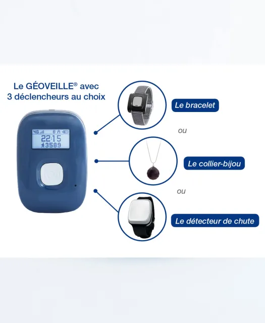 Géoveille et ses trois formats : montre-bracelet, collier bijou et détecteur de chute
